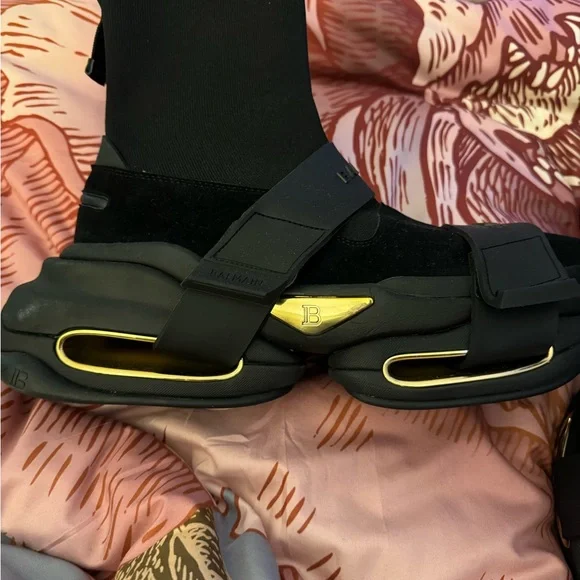 Balmain Black and Gold Sandals with Chunky Sole